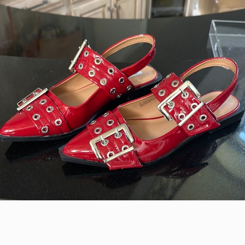 Elegant Red Buckle Slingback Flats